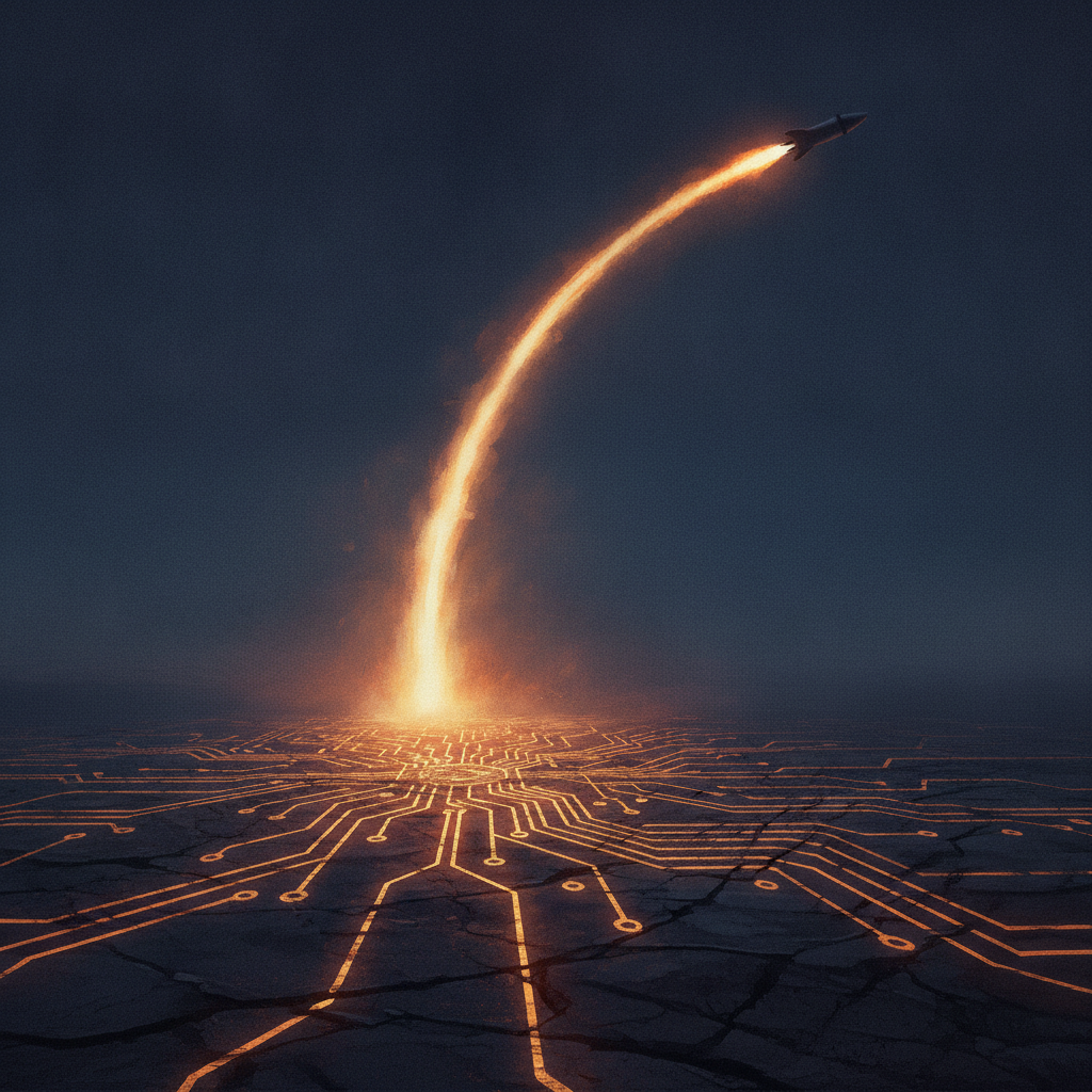 A rocket exhaust trail at dusk, with a faint lattice of light beneath the ground