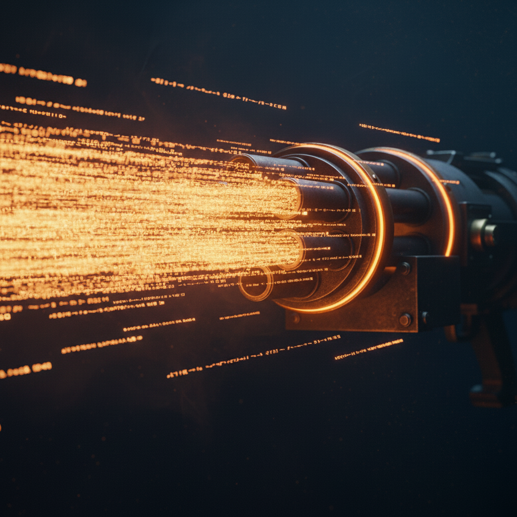 A glowing gun barrel sweeping across a dark field at dusk